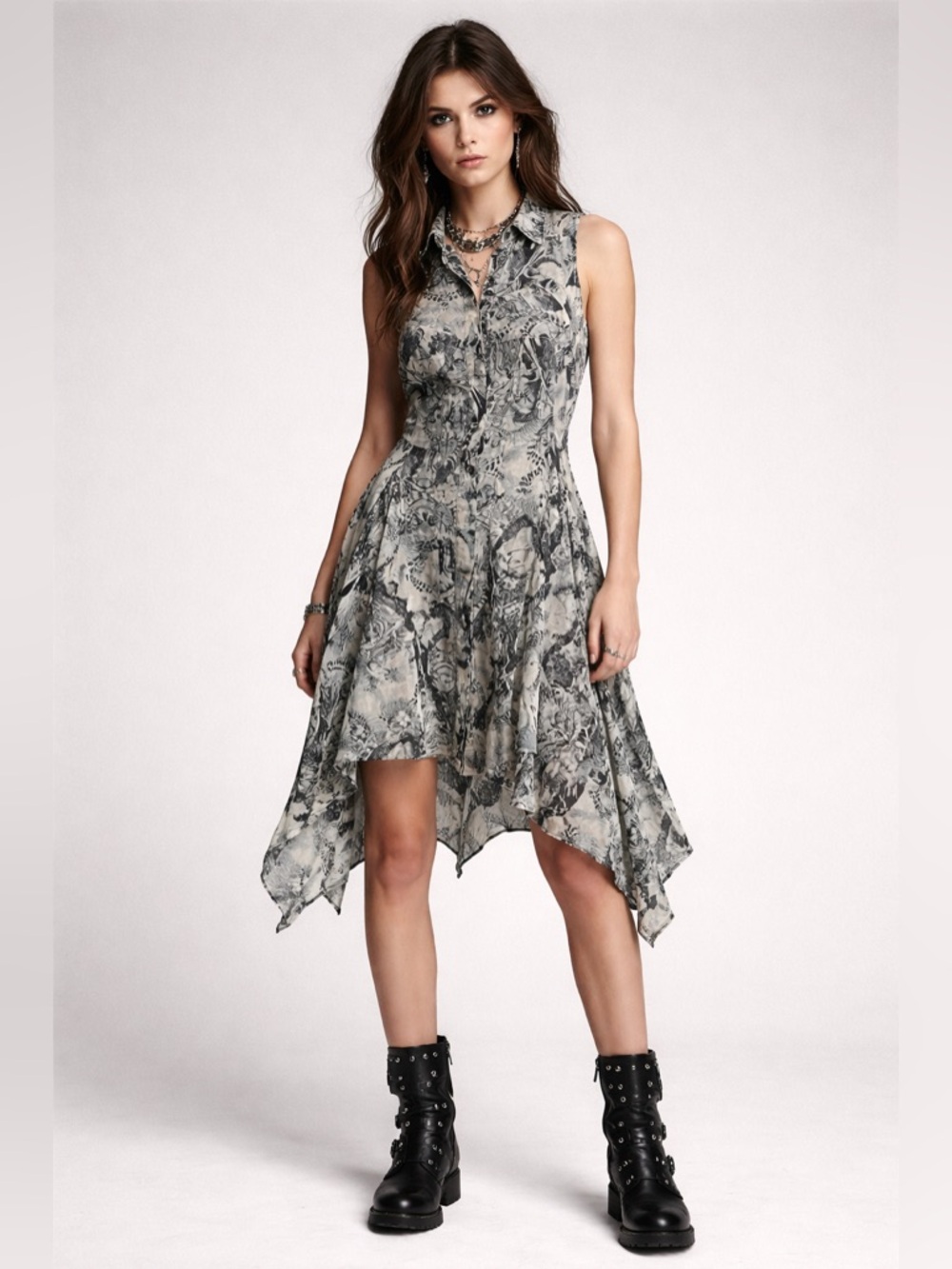 AllSaints Spitalfield Sleeveless 7 Cursed Dress in Gray and Black Print Size 10